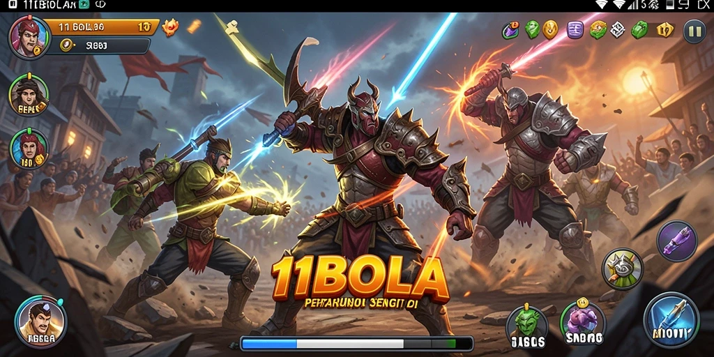 Gameplay intens pertarungan 11BOLA dengan karakter unik dan arena yang beragam.