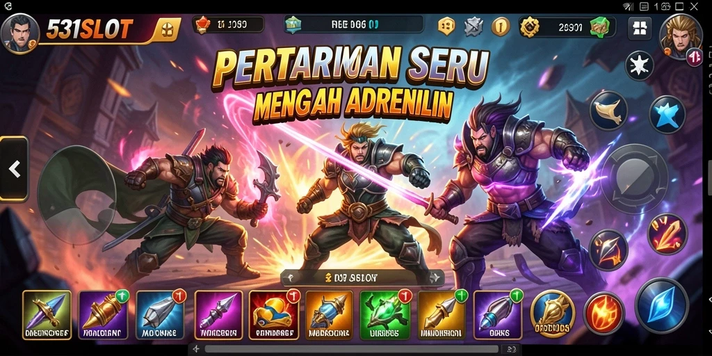 Screenshot utama 531SLOT menampilkan pertarungan sengit antara karakter.