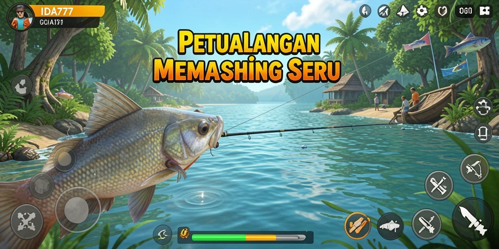 Tampilan gameplay IDA777 dengan ikan yang berwarna-warni dan lokasi memancing yang indah.