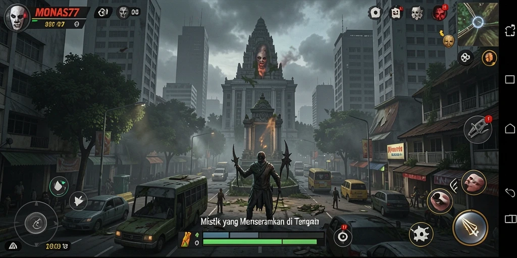 Tampilkan gameplay mencekam MONAS77 dengan suasana kelam.