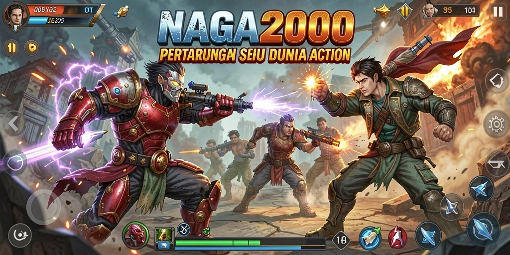 Tangkapan layar utama <strong>NAGA2000</strong> yang menunjukkan pertarungan aksi mendebarkan.