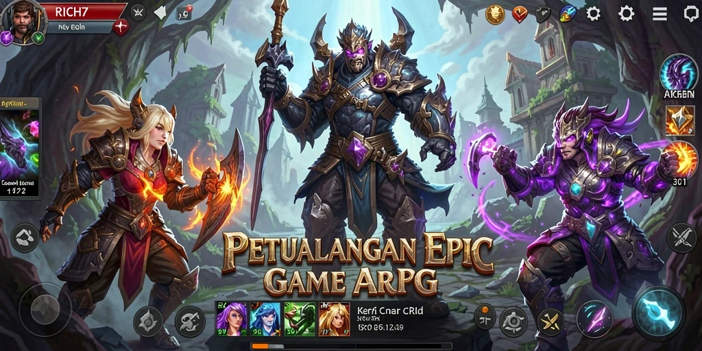 Tangkapan layar gameplay RICH7 menampilkan aksi seru di dunia fantasi.